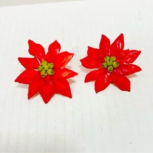 Vintage Red Poinsettia Flower Celluloid Clip On Earrings